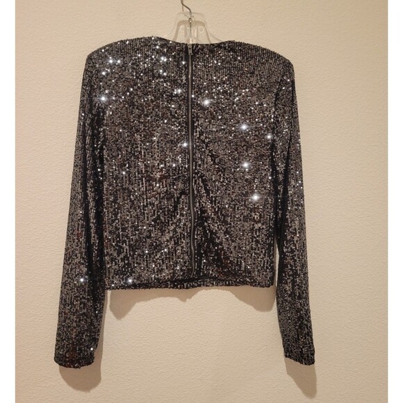 NWT Steve Madden Demi Sequin Long Sleeved Blouse Top Women's Medium In Gunmetal - Picture 4 of 9